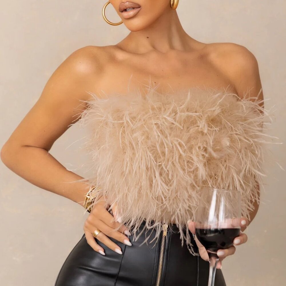 ๐ฅCHIC & SEXY๐ฅ100% OSTRICH FEATHERS BANDEAU CROP TOP in CHAMPAGNE - Picture 4 of 10